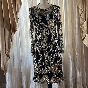 Patra Women's Black Gold Sequin Mesh Fabric Dress 10 NWOT Orig $219